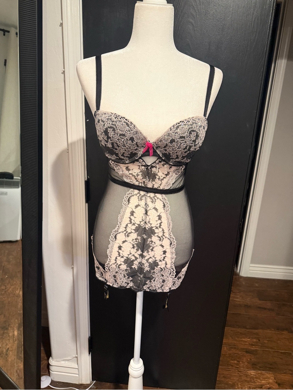 Victoria's Secret Black and Ivory Lace Chemise with Pink Bow